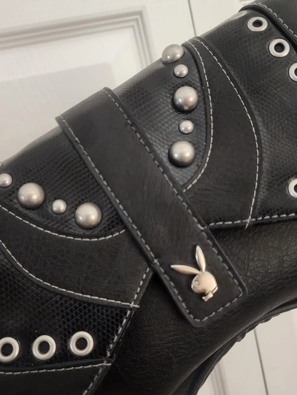 PLAYBOY Y2K Black Shoulder Grunge Bag w/ Silver Tone Grommets And Studs - Picture 3 of 11